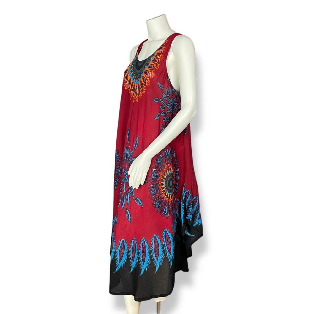 Durga Dress Mandala Asymmetrical Hemline‎ Sleeveless Boho Hippie Sleeveless Red